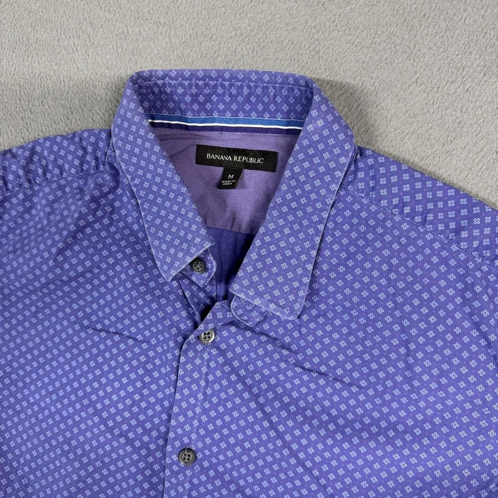 Banana Republic Shirt Mens Medium Purple Stretch Geometric Short Sleeve Button
